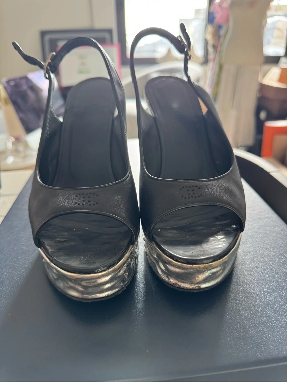 CHANEL Black Leather Peep-Toe Slingback Platforms with Metallic Silver Platform